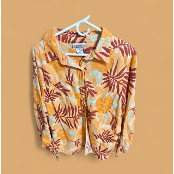 John Paul Richard Uniform Womens Plus 2XL 100% Linen Button Down Floral Blouse - Picture 1 of 7